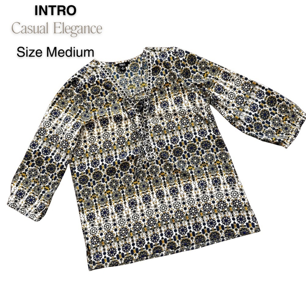Intro Casual Elegance Boho Lace‎ Up Floral Blouse - White, Navy and Gold Print